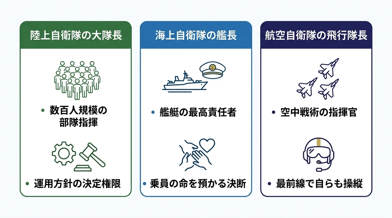 2佐が務める陸海空の主要な役職と現場の責任