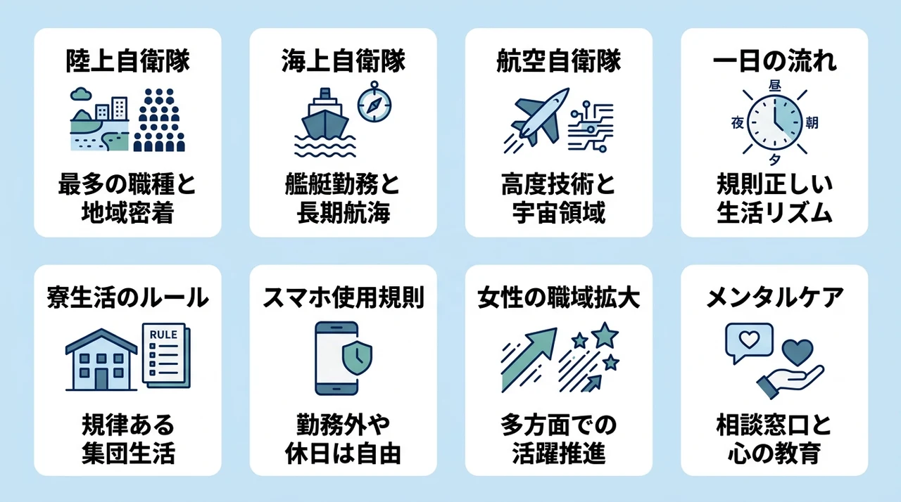 陸・海・空自衛隊別の専門職種と日常生活
