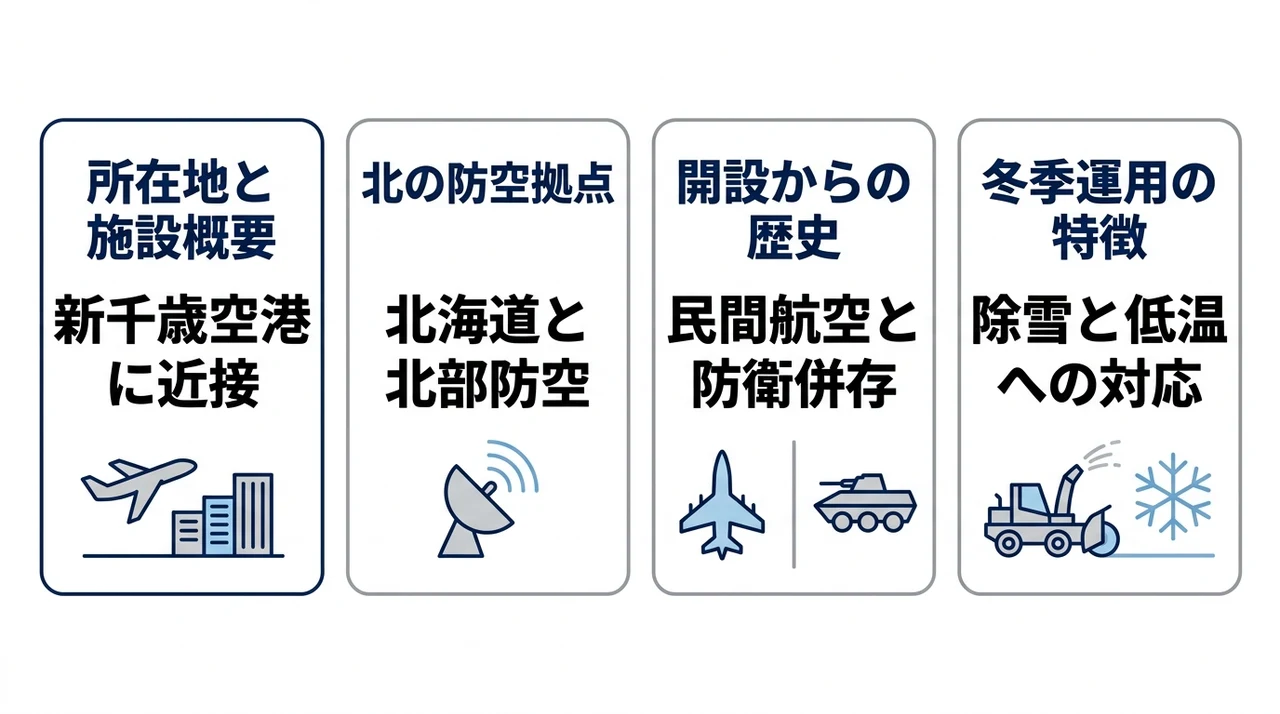 千歳基地の特徴と基本的な役割の要点をまとめた図解（所在地と施設概要・北の防空拠点・開設からの歴史）