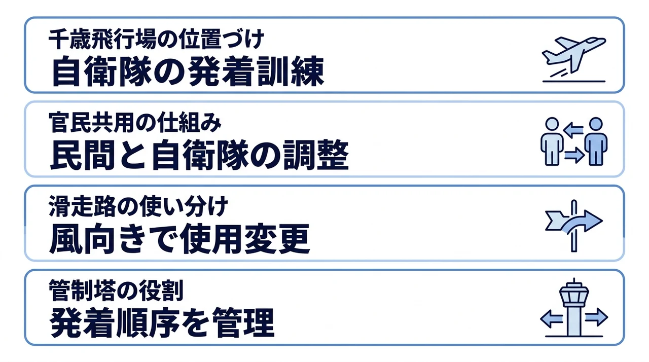 千歳基地と新千歳空港の違いの要点をまとめた図解（千歳飛行場の位置づけ・官民共用の仕組み・滑走路の使い分け）