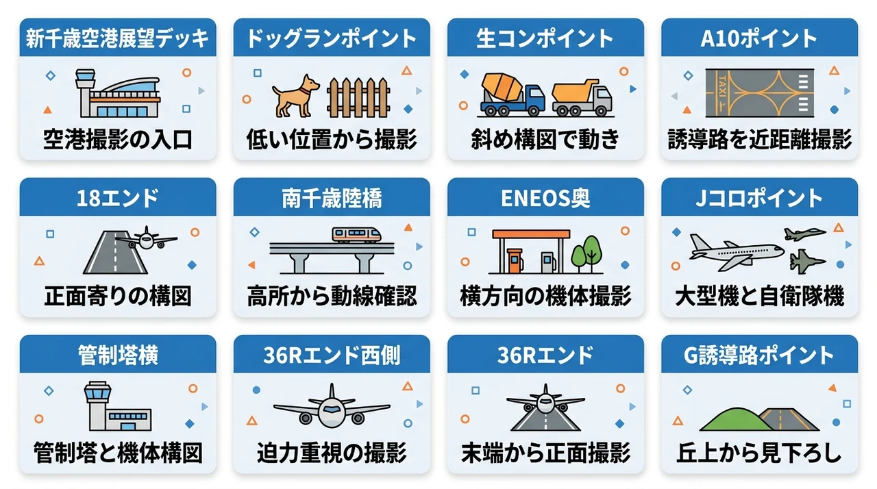 千歳基地の撮影ポイント12選の要点をまとめた図解（新千歳空港展望デッキ・ドッグランポイント・生コンポイント）