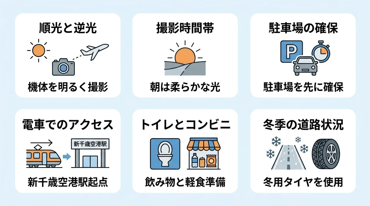 撮影ポイント別の光線・設備・アクセスの要点をまとめた図解（順光と逆光・撮影時間帯・駐車場の確保）