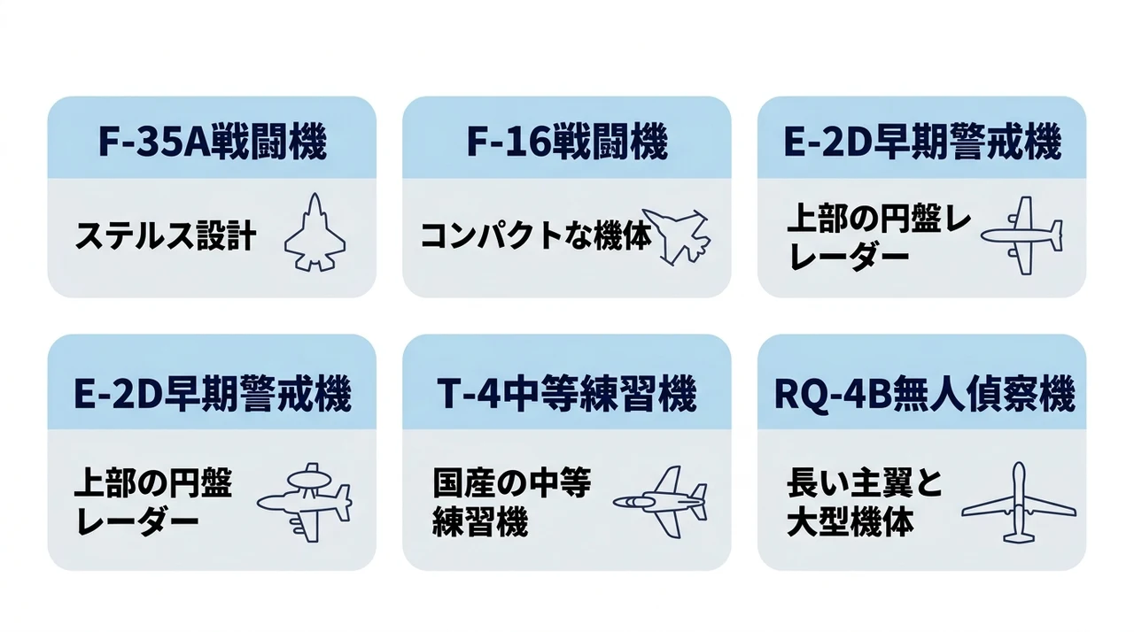 三沢基地に配備される航空機の特徴をまとめた図解