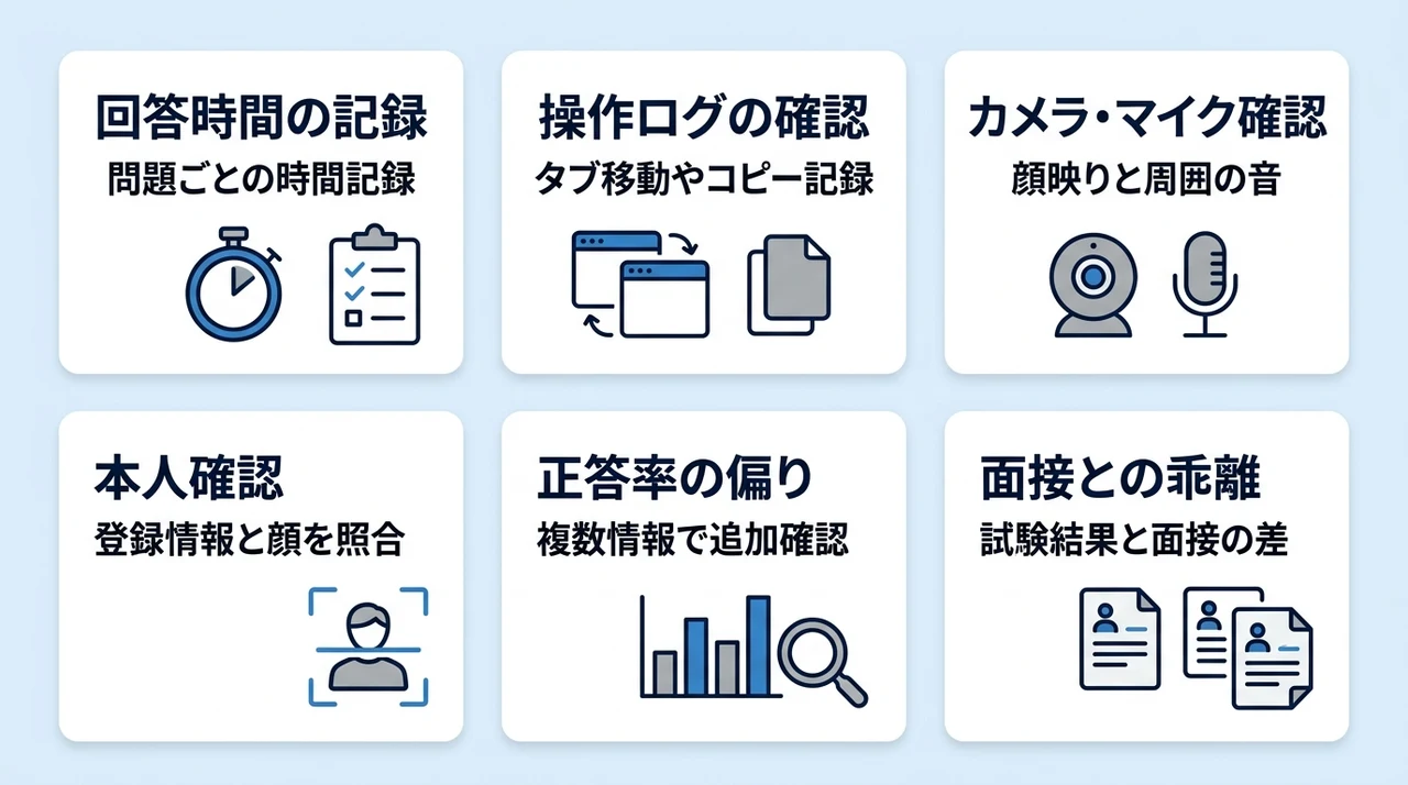 自衛隊web試験のカンニングがバレる理由の要点をまとめた図解（回答時間の記録・操作ログの確認・カメラ・マイク確認）