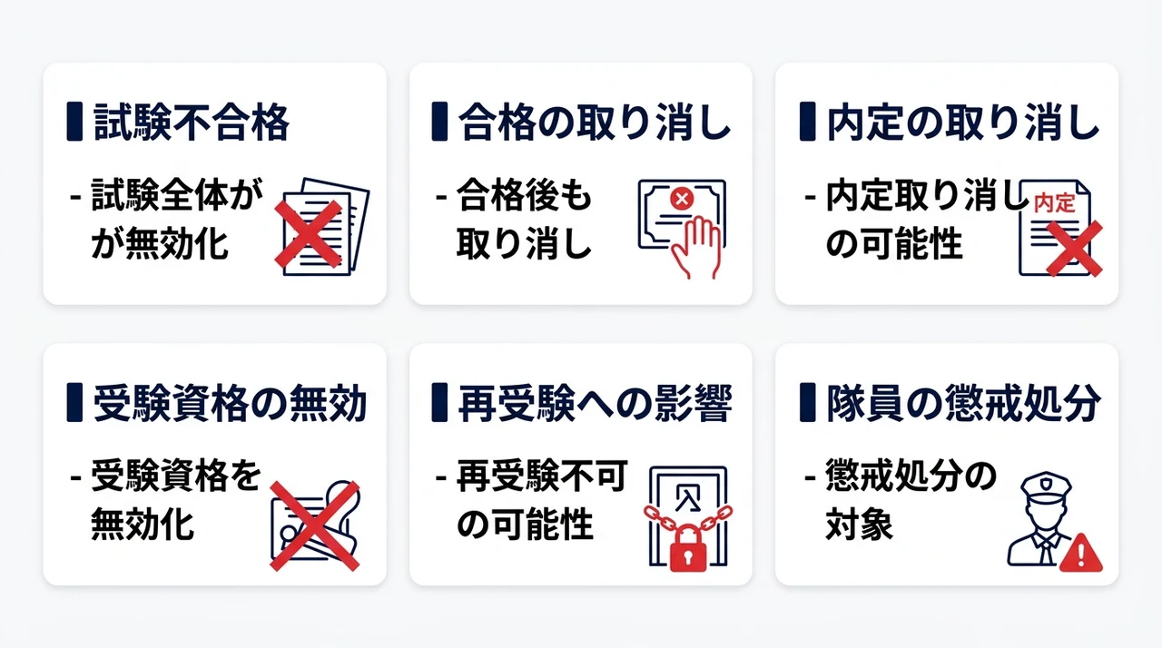 自衛隊web試験のカンニング発覚後の不利益の要点をまとめた図解（試験不合格・合格の取り消し・内定の取り消し）
