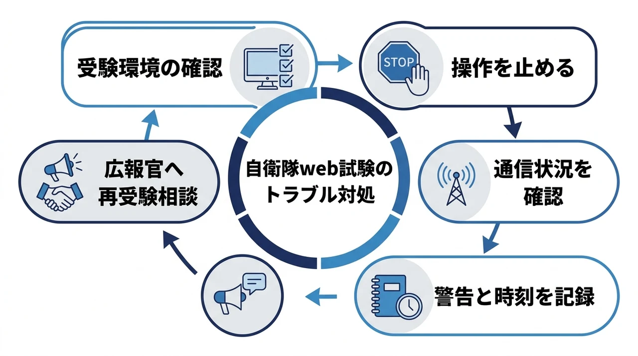 自衛隊web試験の誤判定・トラブル対処法の要点をまとめた図解（受験環境を整える・画面切り替えを止める・通信状況を確認）